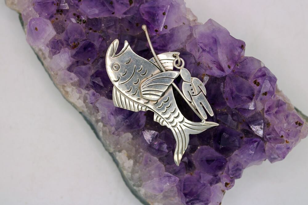 Far Fetched Sterling Silver Satire Fishing Pin